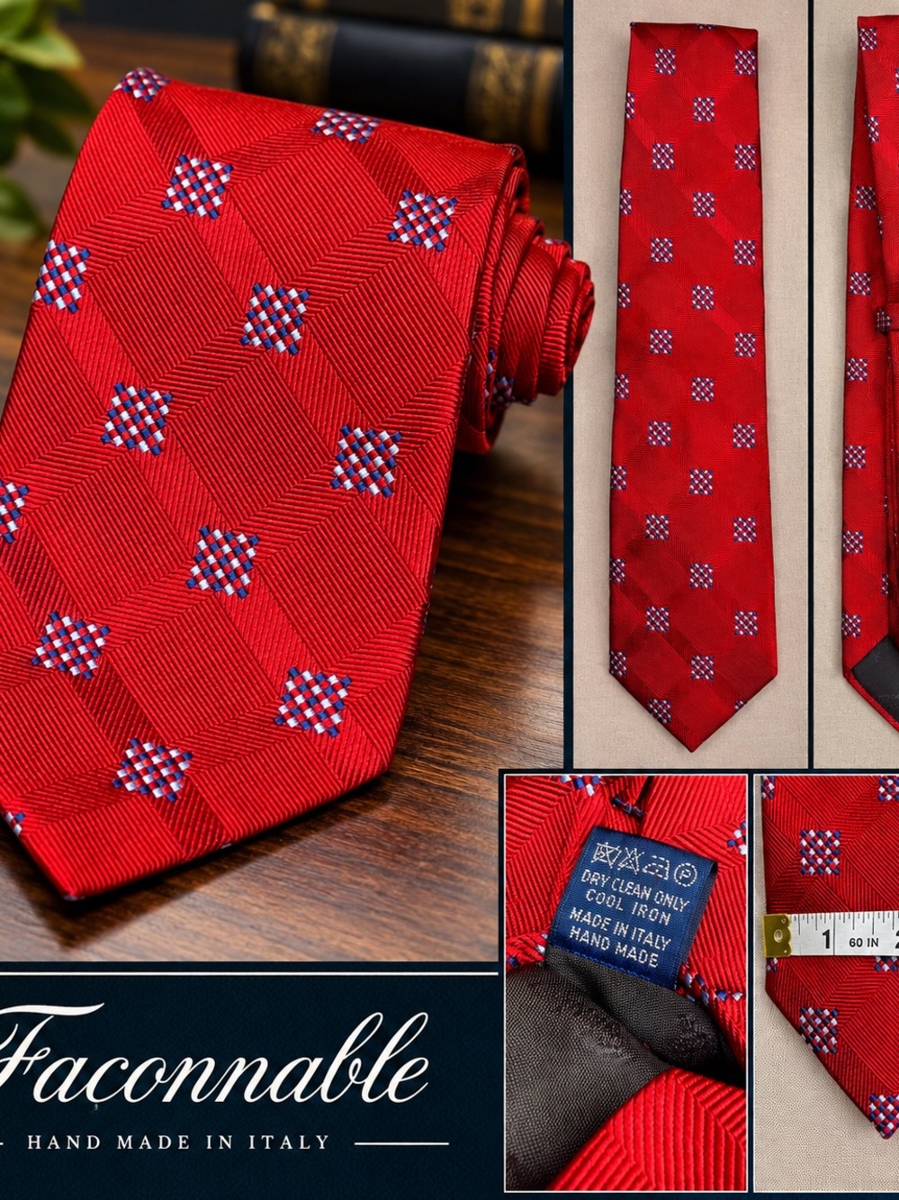 Faconnable Red Silk Tie with Blue-White Geometric Accents
